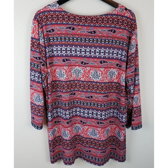 Dress Barn 3/4 Sleeve Top Keyhole Tie Neck Pink Blue Paisley XL EUC - Picture 2 of 3